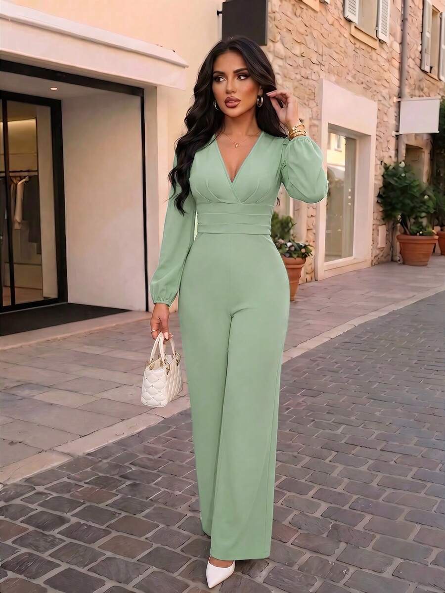 AIJ Women Fall Green French Style V‑Neck Long Puff Sleeve Wide Leg Jumpsuit High Waist Pockets Elegant Formal Office Party Evening Fall Fashion Outfit - Bean Green - View 1