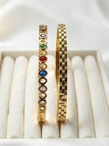 Luxury Elegant Rainbow 2pcs Bracelet Set, 18K Gold Plated Stainless Steel Material, Colorful Cubic Zirconia Bracelet, Minimalist Fashion New Jewelry, Suitable For Women's Daily Wear Jewelry Gift - Gold - View 1