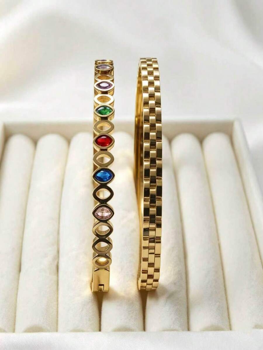 Luxury Elegant Rainbow 2pcs Bracelet Set, 18K Gold Plated Stainless Steel Material, Colorful Cubic Zirconia Bracelet, Minimalist Fashion New Jewelry, Suitable For Women's Daily Wear Jewelry Gift - Gold - View 1