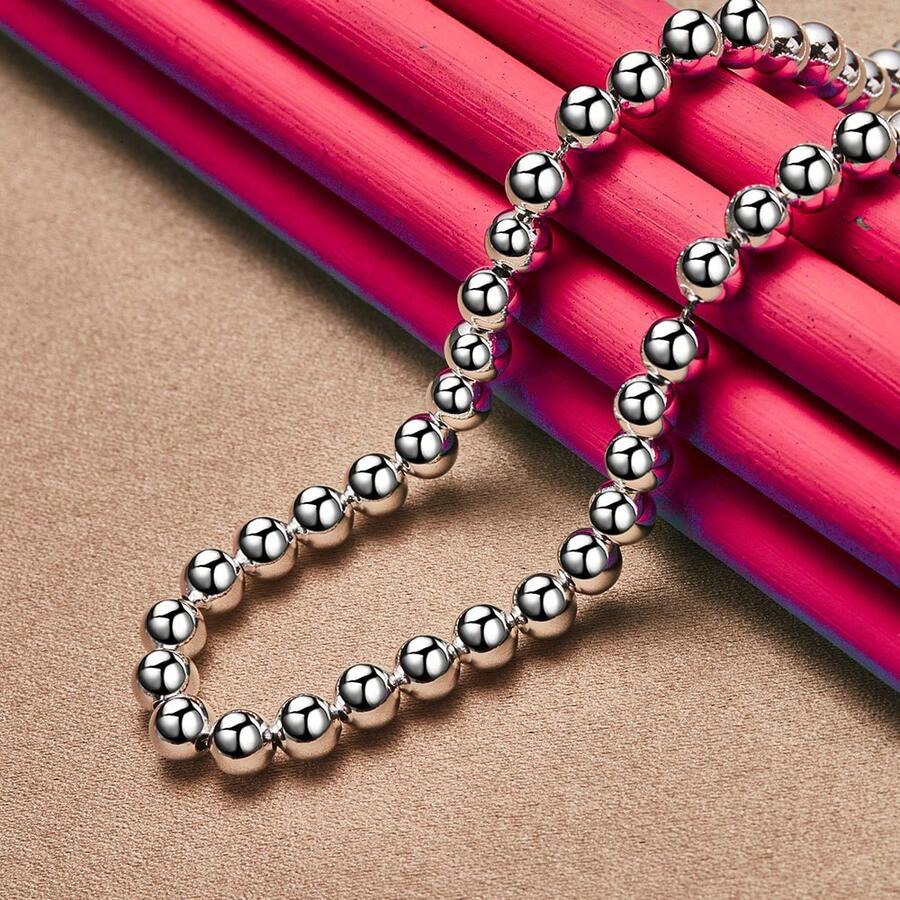 925 Sterling Silver Plated 6mm Smooth Beads Ball Chain Necklace For Women Wedding Engagement Jewelry - Silver - View 1