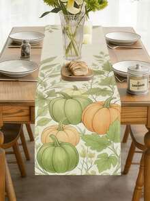 1pc Pumpkin Table Runner - Edged Rectangular Suitable For Holiday Dining, Kitchen Decor With Vine Pattern, Polyester Fiber Runner Suitable For Home Decoration - Pastel Green - View 4