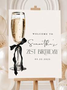 1pc Customizable Champagne-Style Birthday Welcome Sign, Customizable Name And Date, Elegant Black Bow Design, Suitable For 21st/30th/40th Birthday Party Decor, Home Decor, Party Decoration - Multicolor - View 5