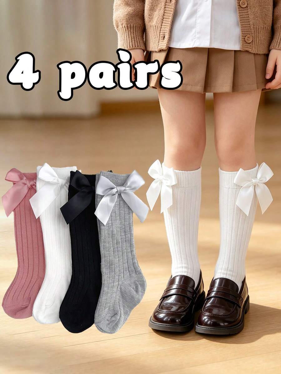 4 Pairs Kids Bow Decor Mid-Calf Socks, Suitable For Girls All Season, School Uniform Performance Socks, European British Academy Style Solid Color Double-Needle Ribbed Socks