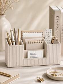 Cream-Style Vertical Striped Desktop Storage Box, Office Divided Pen Holder, Small Item Memo Remote Control Organizer - View 1