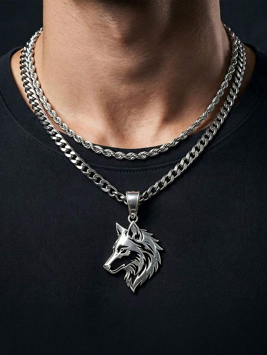 Cool Street Style Stainless Steel Necklace, Hollow Wolf Head Pendant Curb Chain For Men, Jewelry For Daily Outfits & Holiday Gifts - Silver - View 1