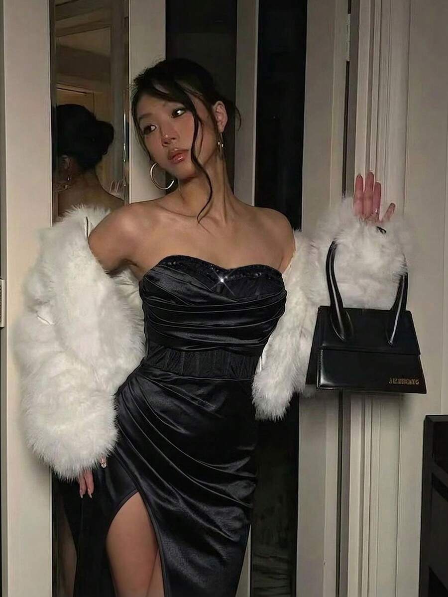 女款秋季時尚派對套裝裙 晚禮服 奢華婚禮晚禮服 婚禮賓客長款亮面優雅重工緞面禮服 適合度假 婚禮賓客 正式晚餐 生日派對 週年慶返校派對 - 黑色 - 查看 1