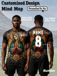 Men's Black Mexican Virgin Mary Jersey, Our Lady Of Guadalupe Rose Floral Pattern, Customizable Name, Number And Team Logo, Comfortable, Gift, Sports/Street/Casual - Black - View 1