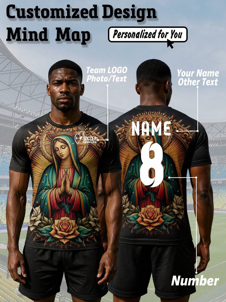 Men's Black Mexican Virgin Mary Jersey, Our Lady Of Guadalupe Rose Floral Pattern, Customizable Name, Number And Team Logo, Comfortable, Gift, Sports/Street/Casual - Black - View 1