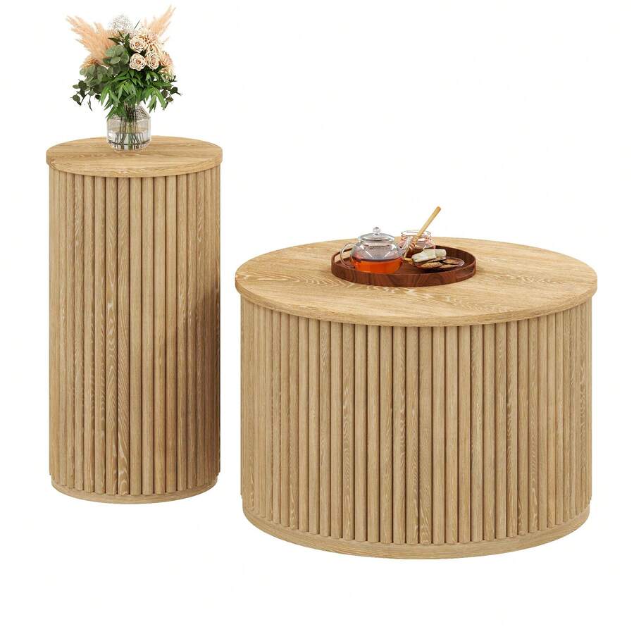 Couchtisch, Doppelter Runder Tisch, Beistelltisch Mit Naturholzlatten. Multifunktionaler Wohnzimmertisch - 彩色 - 查看 1