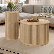 Couchtisch, Doppelter Runder Tisch, Beistelltisch Mit Naturholzlatten. Multifunktionaler Wohnzimmertisch - 彩色 - 查看 5