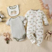 Kit Bebê 3 Peças com Body, Macacão Manga Longa e Babador, Roupa Infantil Estampada em Algodão para Menino e Menina de 0 a 9 Meses - Azul cadete - Visão 1