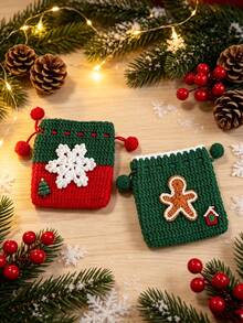 10/1pc Handmade Crochet Knitted Drawstring Storage Bag, Square Mini Soft Woven Pouch With Pom Pom Drawstring, 3D Santa Claus Snowflake Gingerbread Man Christmas Tree Applique Decor, Small Coin Purse, Christmas Holiday Party Decoration Gift Bag - Multicolor - View 6