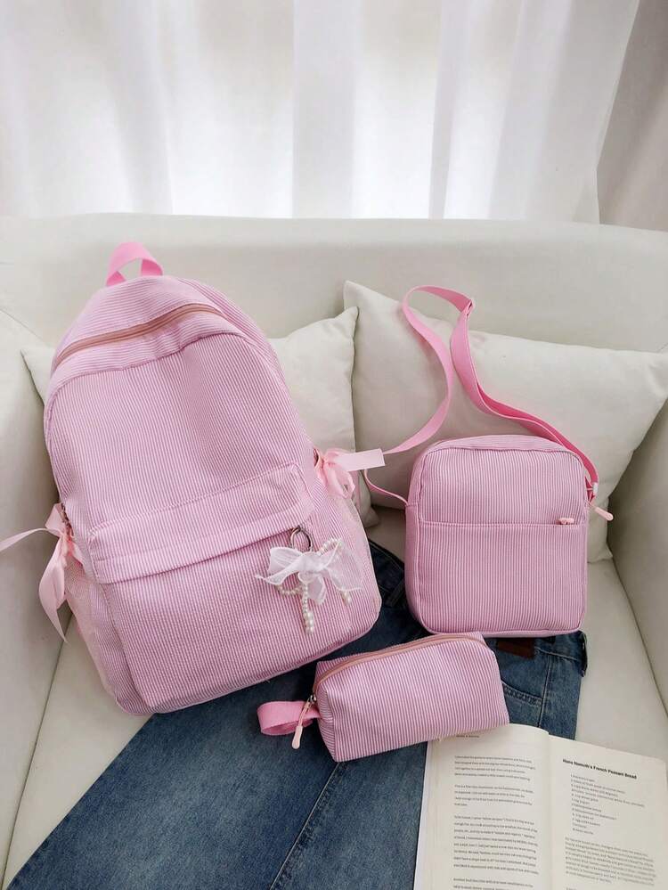Dedoo Large Capacity Student Backpack, College Campus Use, 3-Piece Set, Washable Fabric, Bowknot Decor Multiple Zipper Pockets, Lightweight Storage, No Pendant - Pink - View 10