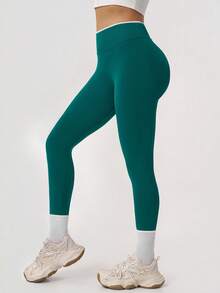 NcmRyu 1pc Women's Fashionable Elastic Contrast Color Ribbed High Waist Patchwork Waistband Butt-Lifting Soft Comfortable Sports Long Pants - Green - View 5
