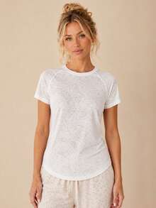 Sodalemon Women's Knit Jacquard Semi-Sheer Spring Summer Fall Contrast Mesh Round Neck Raglan Sleeve Short Sleeve Neck Slim Fit Tops For Casual Daily Wear - White - View 7