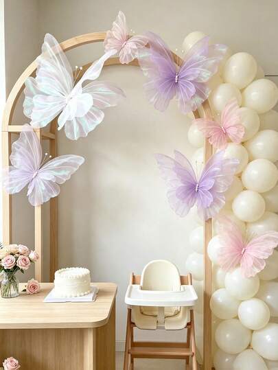 6/3/2/1 pieza, Decoración de mariposa grande blanca, púrpura y rosa con flor, mariposa gigante 3D de tul con perla blanca, decoración para baby shower, decoración de fondo para fiesta de cumpleaños, suministros para bebé, suministros de decoración para baby shower de Halloween, decoración navideña