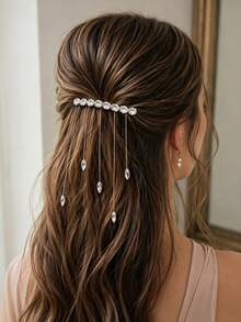 1pc French Chain Water Drop Rhinestone Tassel Hair Clip, Bridal Half-Up Fashion Daily Straight Clip, Women's Fashion Personality Side Clip, Minimalist Korean Style Hair Accessory - Gold - View 2
