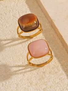 1 peça/2 peças Conjunto de Anéis Oval Vintage Elegante Banhado a Ouro 18K em Aço Inoxidável, Adequado para Uso Diário, Feriados e Encontros de Mulheres - Multicolorido - Visão 12