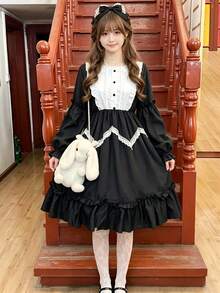 1件復古經典溫柔可愛蘿莉塔洋裝，適合假日派對表演穿著，情人節日常度假通用，僅含洋裝 - 黑與白 - 查看 1