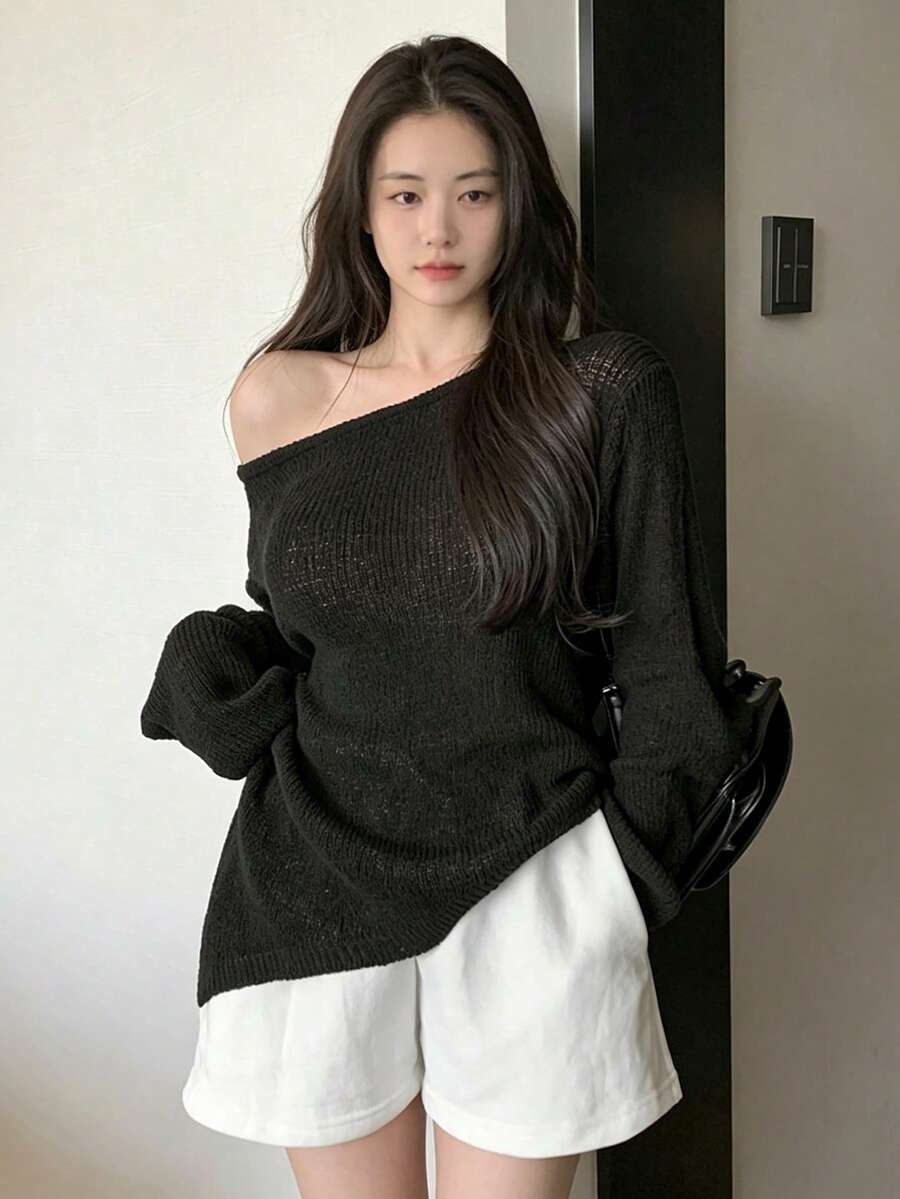 女款純色不對稱肩長袖側開衩下擺針織衫 黑色 - 黑色 - 查看 1