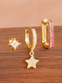 3PCS Light Luxury Zirconia Star Dangle Earrings Set For Women 18K Gold Plated Stainless Steel Fashion Octagram Ear Stud Delicate Daily Jewelry - 3PCS-gold - View 1