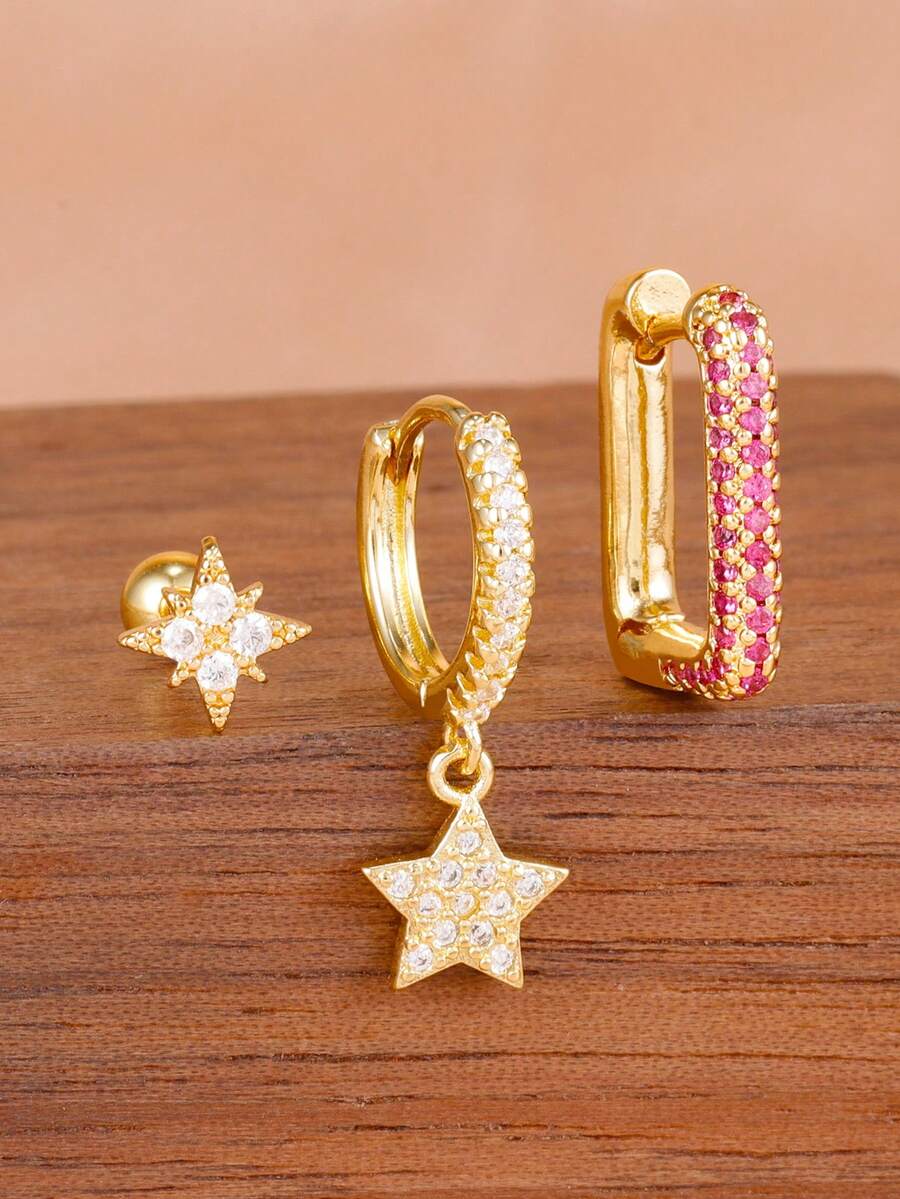 3PCS Light Luxury Zirconia Star Dangle Earrings Set For Women 18K Gold Plated Stainless Steel Fashion Octagram Ear Stud Delicate Daily Jewelry - 3PCS-gold - View 1