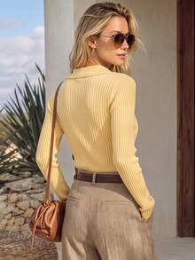 NiceArt Women's Vintage Knitted Polo Pullover Sweater, Elegant Autumn/Winter Outfit, Renaissance Style, Suitable For Office, Social, Halloween - Yellow - View 2