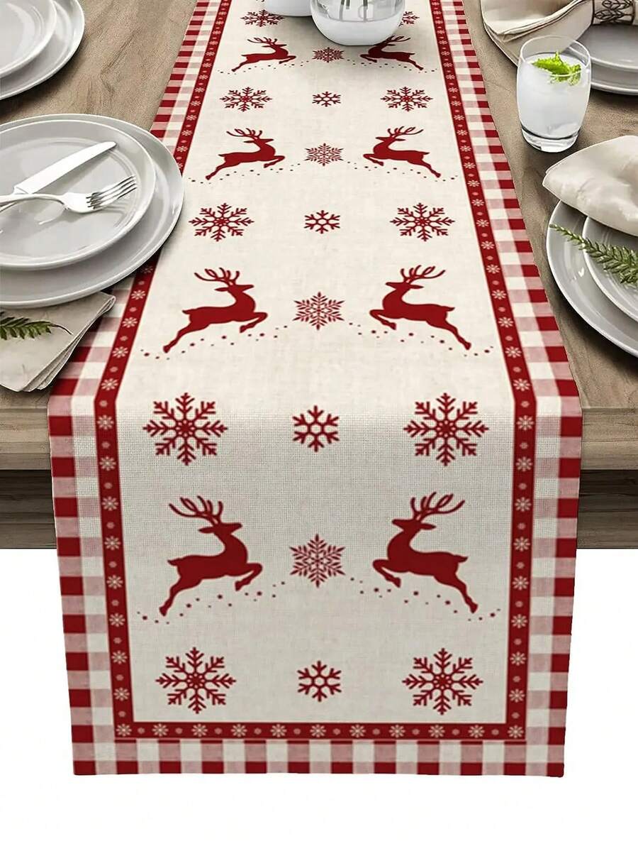Christmas Elk Snowflakes Red Buffalo Plaid Table Runner Holiday Party Decor Reusable Winter Xmas Kitchen Dining Table Runner Christmas Decorations - Multicolor - View 1