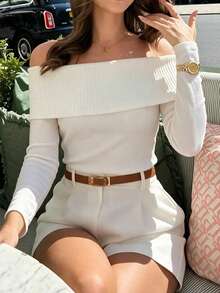 Autumn/Winter Knitted Ribbed Brushed Patchwork Thick Ribbed Slim Fit Fashion Elegant Long Sleeve Tight Outerwear Top White - White - View 4