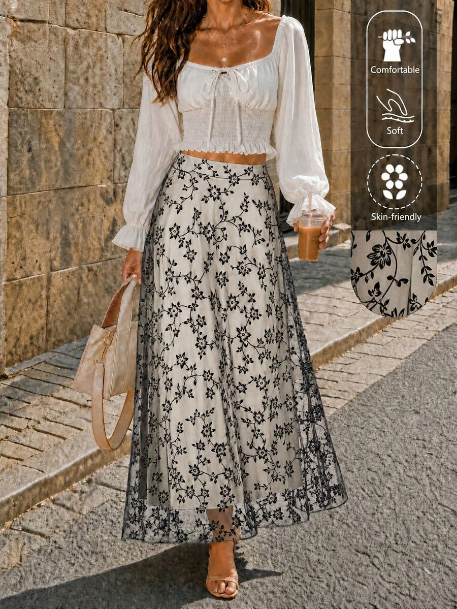 EARO 春季花園派對女款高腰刺繡花卉半透明網紗 A 字中長裙,復古浪漫風約會度假小眾設計裙 - 杏色 - 查看 1
