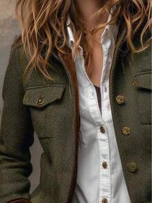 2026 Autumn Winter European And American Vintage Herringbone Tweed Blazer Jacket With Velvet Trim For Independent Store - Army Green - View 4