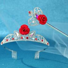 2pcs Red Rose Rhinestone Crown Headband & Fairy Wand Set, Silver Crystal Crown Headband With Side Comb, Wedding Birthday Cosplay Party Costume Accessories - Silver - View 13