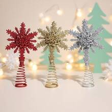 1Pc Glitter Snowflake Star Tree Topper, Spring Coil Base, Shiny Metal Red Gold Silver, Detachable Stand, Durable Non-Fading, Lightweight Easy Hang, Festive Xmas Ornament, Winter Holiday Home Decor, Mantel Desk Front Door Indoor Scene - Christmas - View 5