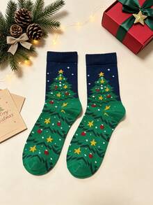 4/1 Pair Christmas Theme Christmas Tree Pattern Mid-Calf Socks Autumn Winter Holiday Atmosphere Comfortable Skin-Friendly Breathable Festive Gift Versatile Women's Socks - Green - View 6