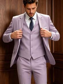 Men's Slim Fit Single-Breasted 3 PiecesSuit Set, Formal Business Wedding Suit, Blazer, Vest And Trousers, Suitable For Wedding Party And Office - Dusty Purple - View 4