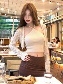 Y2K Pure Desire Spaghetti Strap Strap Top + Hollow Out Cropped Knit Cardigan 2 Pieces Set, Date Store Visit Afternoon Tea Commute Daily Layering Fall - Apricot - View 5