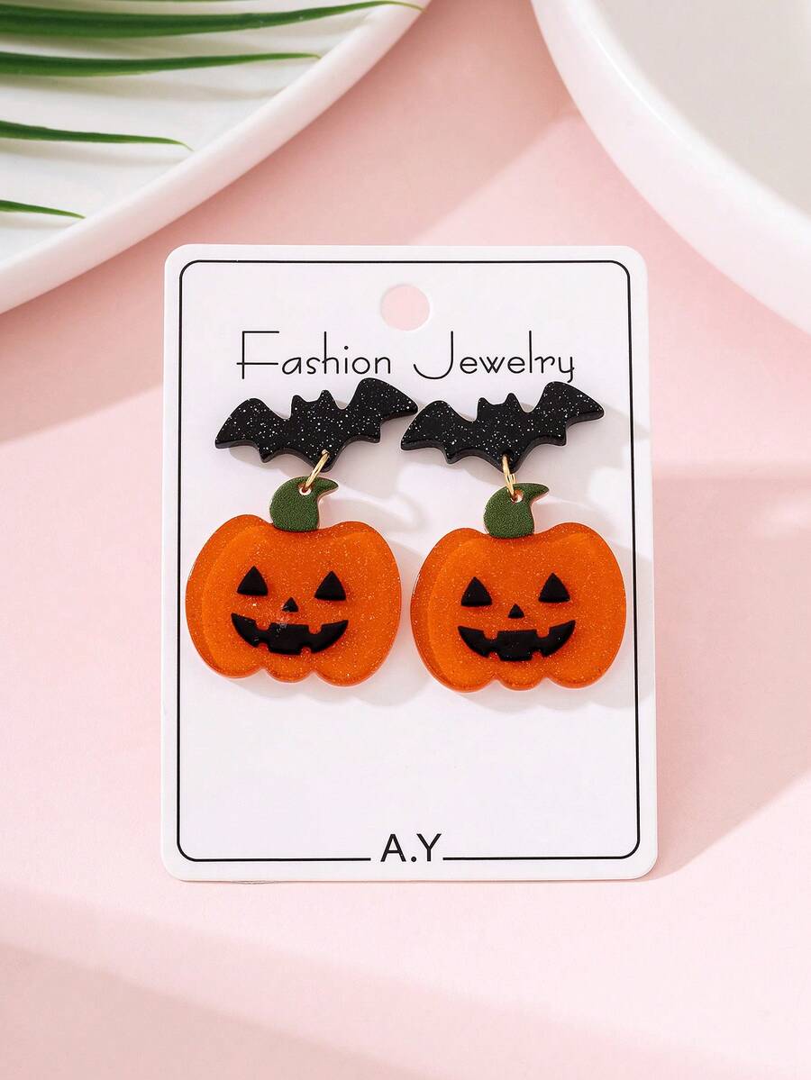 1 Pair Halloween Bat & Pumpkin Design Women's Fashion Jewelry Earrings, Perfect Decoration For Holiday Parties - Multicolor - View 1