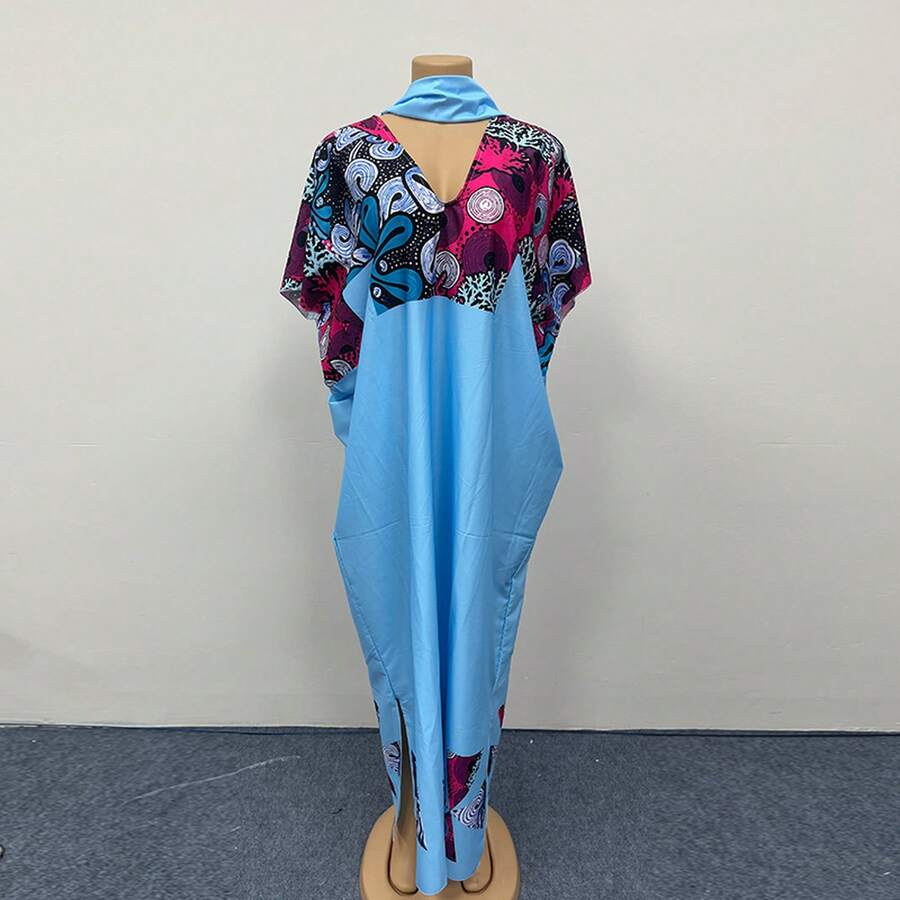 African Patchwork Print Plus Size Dress Women's Clothing 2026 Spring Summer New Vacation Style Loose Fashionable Long Dress - Blue - View 1