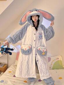 Women's Cute Oversized Rabbit Ear Hooded Plush Bathrobe Set, Colorblock Button-Front Long Robe With Matching Pants, Fluffy Cable Knit Texture Winter Loungewear, Suitable For Bedroom Relaxation, Reading, Watching TV, Ideal Holiday And Birthday Gift, Long Robe, Women's Clothing - Multicolor - View 4