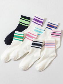 5/10 Pairs Women's Random Striped Breathable Comfortable All-Season Street Casual Fashion Mid-Calf Socks - Multicolor - View 2