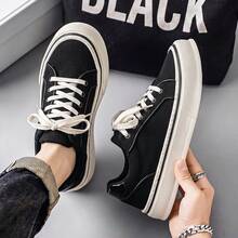 Men Low‑Top Canvas Skate Shoes Lace‑Up Thick Platform Sole Casual Sneakers Simple Solid Color Street Footwear For Daily Commute Campus - Black - View 1