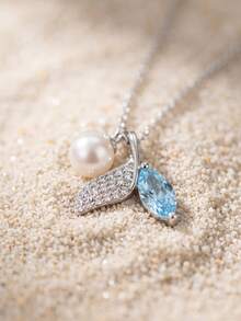 Shescity 1pc Silver Sea Blue Rhinestone Mermaid Tail Luxury Fashion High-End Clavicle Necklace - Silver - View 8