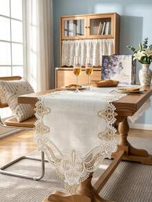 HXARTMIS 1pc Vintage Exquisite Gold Thread Embroidered Water-Soluble Lace Table Runner, European Style Hollow Pointed Table Runner, Suitable For Wedding, Dining Table And Home Decor - White/Coffee - View 4