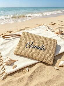 Personalized Embroidered Straw Handbag, Customized Bohemian Style Zipper Storage Bag With Wrist Strap And Zipper, Bridesmaid Makeup Bag, Summer Beach Vacation Clutch - Multicolor - View 9