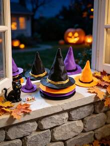 12/24Pcs Mini Halloween Witch Hats, Black Wizard Hats With Gold Trim, Small Decorative Accessories For Tabletop Decor, Pet Costumes, DIY Crafts And Party Decorations - Multiple Styles - View 6