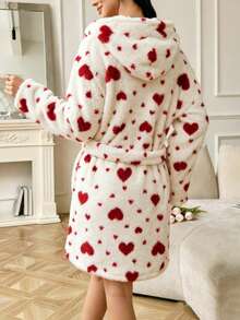 Women's Coral Fleece Nightgown, Winter Thermal Lined Thickened Pajamas, Mid-Length Wearable Heart Pattern Flannel Robe Bathrobe - White - View 3