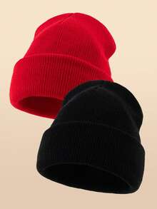 2pcs Unisex Outdoor Warm Solid Color Beanie Knit Hat Suitable For Daily Wear - Black+Red - View 5