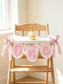 1pc Pink Plaid ONE Banner With Lace Trim And Bow, Baby 1st Birthday Party Wall Decoration Photo Prop - Multicolor - View 9