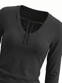 Pure Desire Style Strapped V-Neck Long Sleeve T-Shirt For Women Autumn Slimming Waistband Innerwear Solid Color Bodycon Shaping Top - Dark Grey - View 10