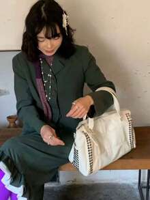 開學季熱門女孩黑色鉚釘通勤外出日常購物校園使用包 大容量學生托特包 甜酷復古腋下包 單肩包 適合大學生 - 白色 - 查看 3